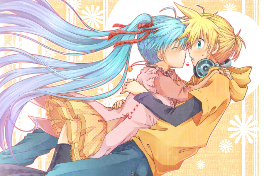 1boy, 1girl, aqua_eyes, aqua_hair, blonde_hair, casual, couple, closed_eyes, hatsune_miku, heart, hetero, hood, hoodie, imminent_kiss, kagamine_len, long_hair, open_mouth, skirt, thighhighs, tsukushidango, twintails, very_long_hair, vocaloid