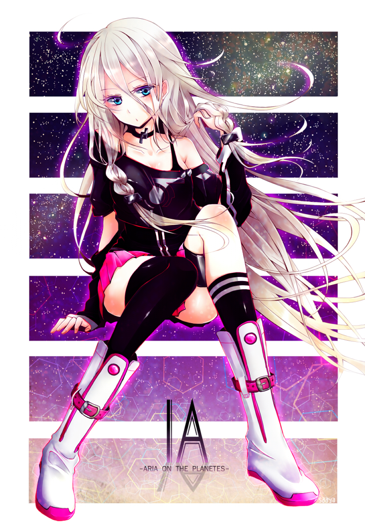 1girl, ahoge, asymmetrical_legwear, bad_id, bad_pixiv_id, bare_shoulders, blue_eyes, boots