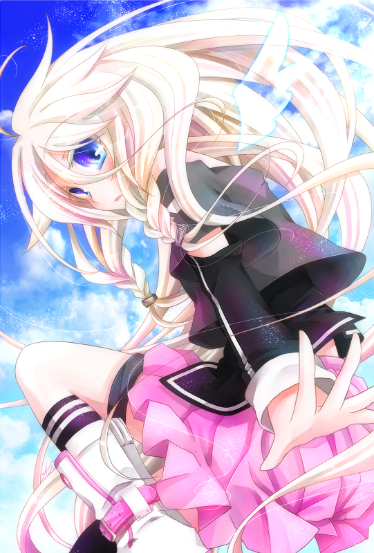 1girl, ahoge, bare_shoulders, blonde_hair, blue_eyes, boots, braid, female_focus, haruhi_ayame, ia_(vocaloid), long_hair, looking_at_viewer, open_mouth, smile, solo, thigh_strap, twin_braids, very_long_hair, vocaloid, wings