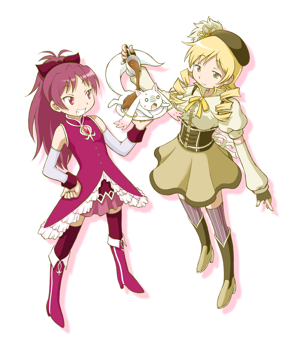 10s, 2girls, bad_id, bad_pixiv_id, bare_shoulders, beret, blonde_hair, boots, curry, detached_sleeves, drill_hair, food, hat, highres, kyubey, long_hair, magical_girl, mahou_shoujo_madoka_magica, mahou_shoujo_madoka_magica_(anime), multiple_girls, o_o, plate, pouring, red_eyes, red_hair, red_legwear, sakura_kyoko, sakura_kyoko_(magical_girl), senju_rion, skirt, smile, striped_clothes, striped_legwear, striped_thighhighs, thighhighs, tomoe_mami, tomoe_mami_(magical_girl), twin_drills, twintails, vertical-striped_clothes, vertical-striped_legwear, vertical-striped_thighhighs, zettai_ryouiki