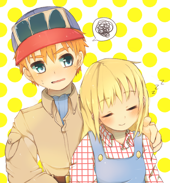 1boy, 1girl, age_difference, bad_id, bad_pixiv_id, baseball_cap, blonde_hair, blue_eyes