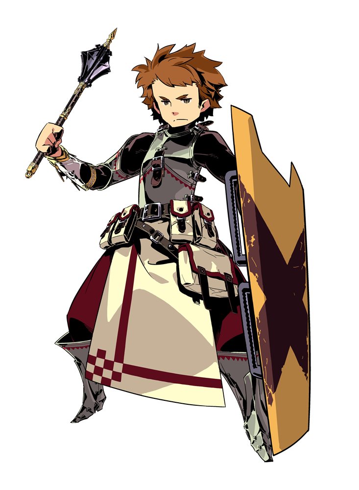 1boy, armor, atlus, bag, belt, boots, brown_eyes, brown_hair, etrian_odyssey, fighting_stance, fortress_(sekaiju), fortress_1_(sekaiju), frown, full_body, himukai_yuuji, mace, male_focus, official_art, pouch, sekaiju_no_meikyuu, sekaiju_no_meikyuu_4, shield, simple_background, solo, standing, weapon, white_background
