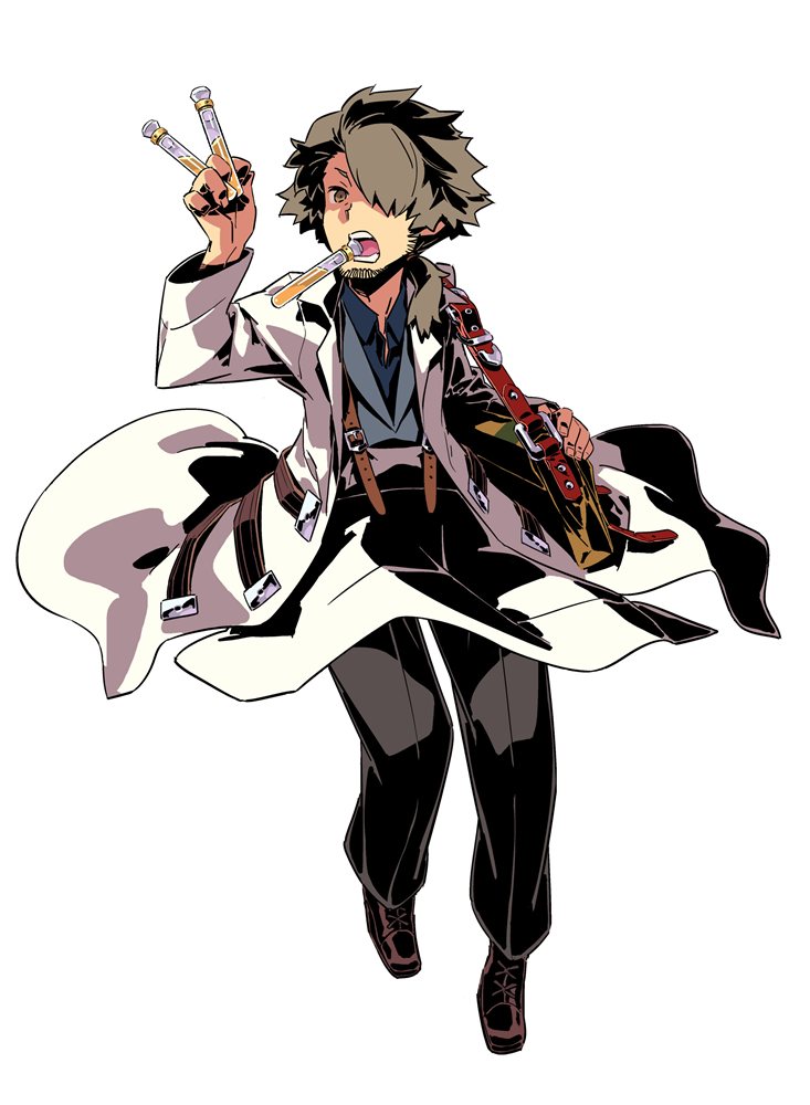 1boy, atlus, bag, brown_eyes, dress_shirt, etrian_odyssey, facial_hair, full_body