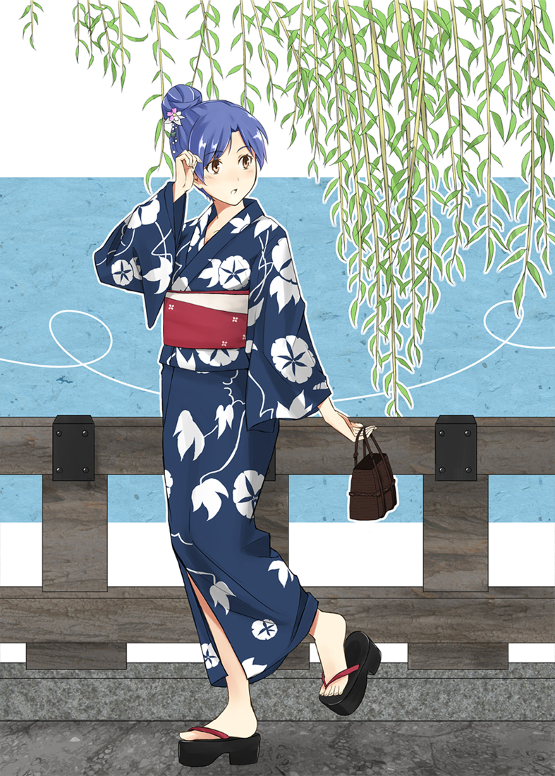 1girl, bag, blue_hair, blue_kimono, female_focus, hair_bun, idolmaster, idolmaster_(classic)