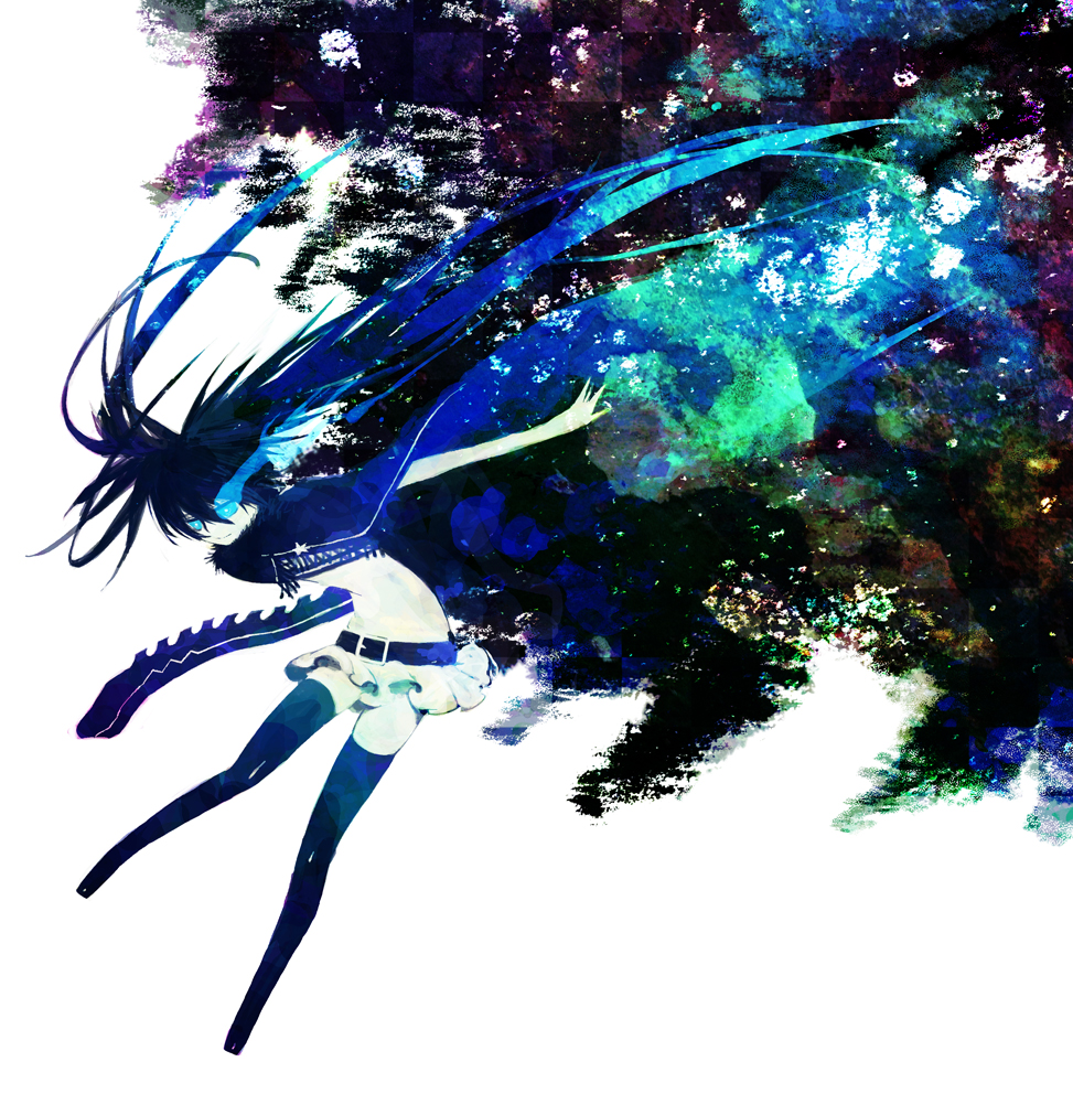 10s, 1girl, belt, black_hair, black_rock_shooter, black_rock_shooter:_innocent_soul, black_rock_shooter_(character), black_thighhighs