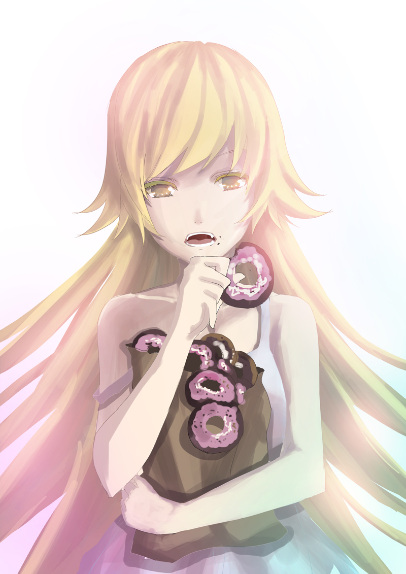 10s, 1girl, bad_id, bad_pixiv_id, bare_shoulders, blonde_hair, donut, fangs