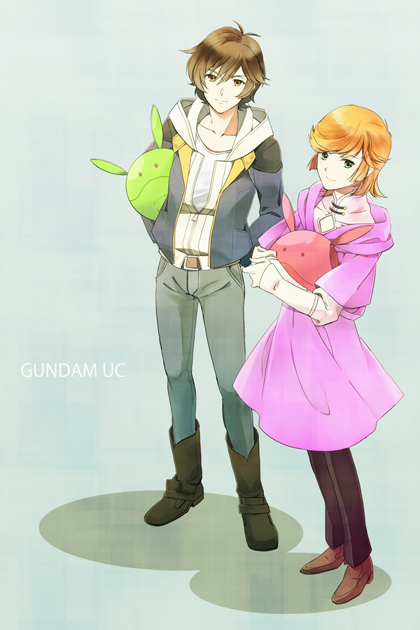 1boy, 1girl, audrey_burne, banagher_links, boots, brown_eyes, brown_hair, green_eyes