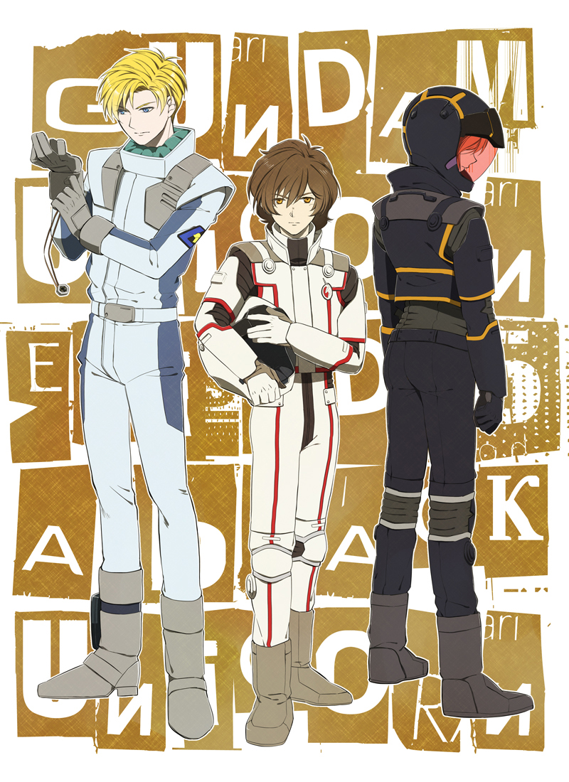 2boys, banagher_links, blonde_hair, blue_eyes, boots, brown_eyes, brown_hair, dual_persona