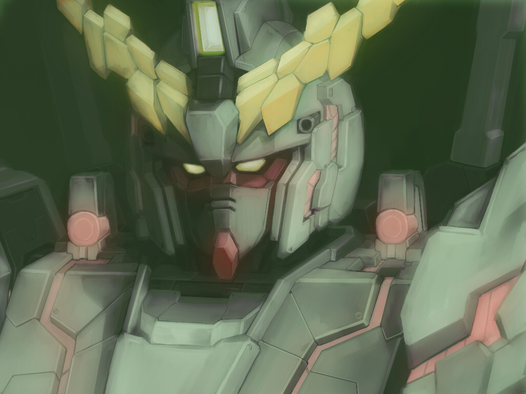 armor, black_background, close-up, gundam, gundam_unicorn, looking_at_viewer, mecha, no_humans