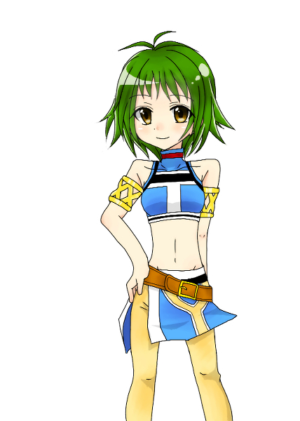 1girl, bare_shoulders, belt, brown_eyes, cosplay, farah_oersted, female_focus, green_hair, hand_on_own_hip, looking_at_viewer, midriff, navel, pants, reid_hershel, reid_hershel_(cosplay), short_hair, simple_background, solo, tales_of_(series), tales_of_eternia, white_background