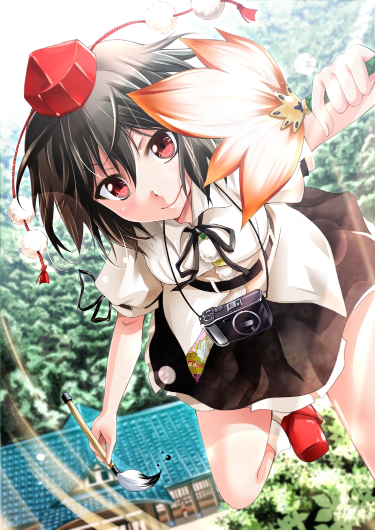 1girl, black_hair, calligraphy_brush, camera, hand_fan, female_focus, hat, kuno_touya