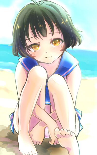 00s, 1boy, akizuki_ryo, antenna_hair, bad_id, bad_pixiv_id, bare_shoulders, barefoot, beach, bikini, blush, brown_eyes, brown_hair, crossdressing, crossdressing_(mtf), idolmaster, idolmaster_dearly_stars, kasu1192, male_focus, sailor_bikini, sailor_collar, sailor_swimsuit_(idolmaster), short_hair, sitting, solo, swimsuit, trap