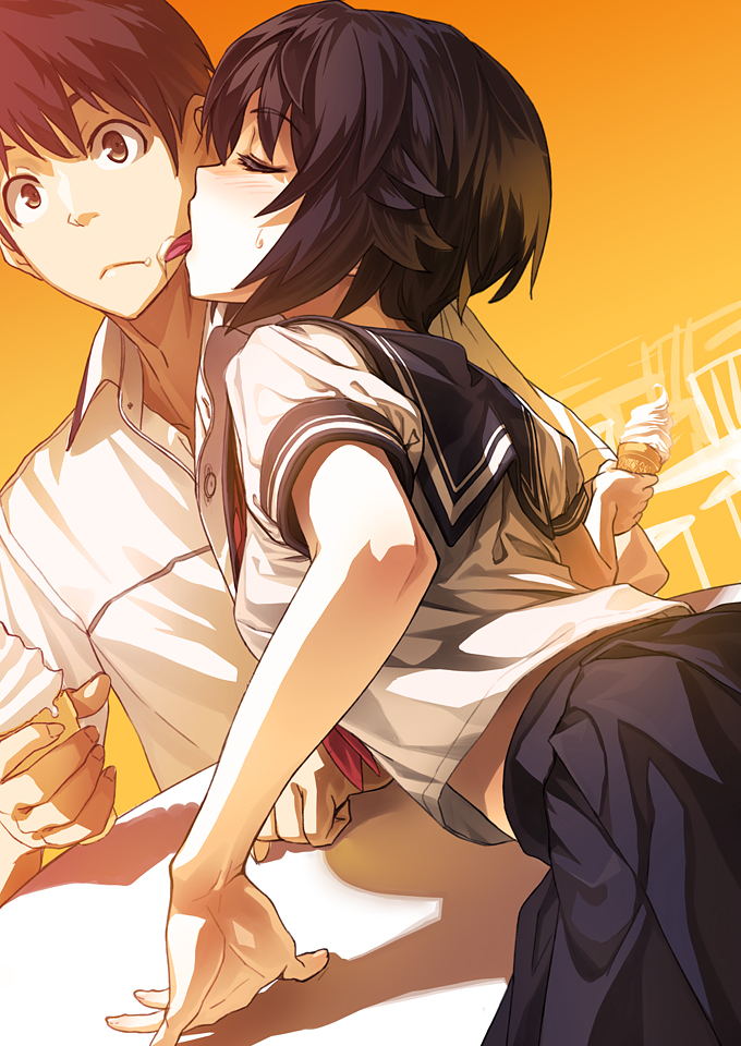1boy, 1girl, arched_back, arm_support, artistic_error, bad_perspective, black_hair, blush, brown_eyes, brown_hair, closed_eyes, couple, cream, dutch_angle, food, food_on_face, foreshortening, from_behind, hetero, holding, ice_cream, licking, licking_another's_cheek, licking_another's_face, maeda_kazuya, midriff, photokano, sanehara_hikari, school_uniform, serafuku, shadow, shimotsuki_eight, shirt, short_hair, skirt, sweatdrop, table, white_shirt