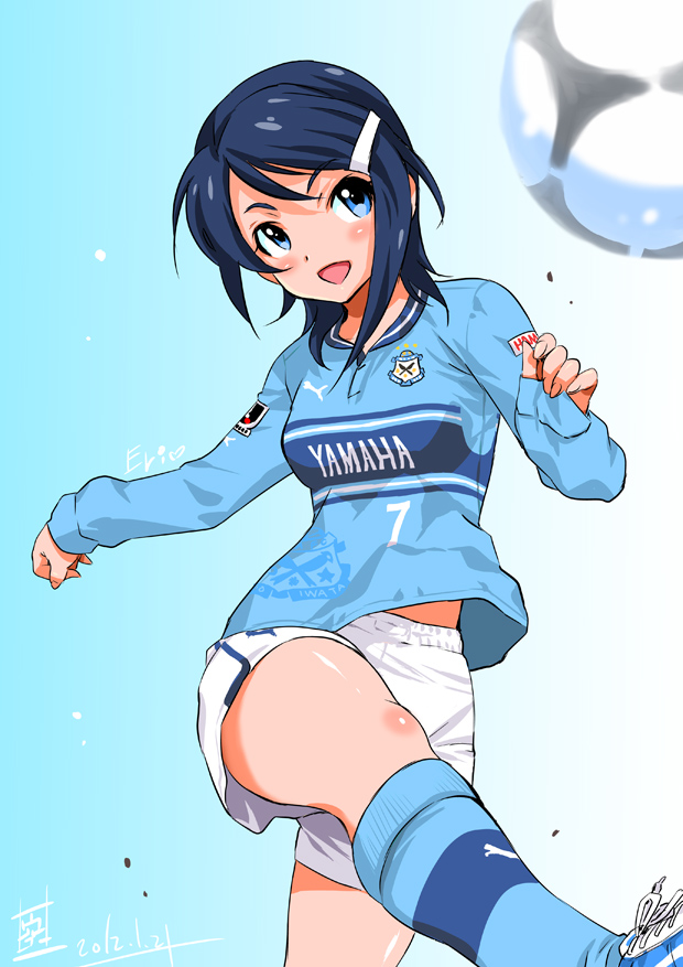 00s, 1girl, ball, blue_eyes, blue_hair, blush_stickers, dated, female_focus, foreshortening, hair_ornament, hairclip, idolmaster, idolmaster_dearly_stars, inoue_sora, j._league, jubilo_iwata, kicking, long_sleeves, matching_hair/eyes, midriff_peek, mizutani_eri, open_mouth, short_hair, shorts, signature, sleeves_past_wrists, smile, soccer, soccer_ball, soccer_uniform, socks, solo, sportswear, thighs
