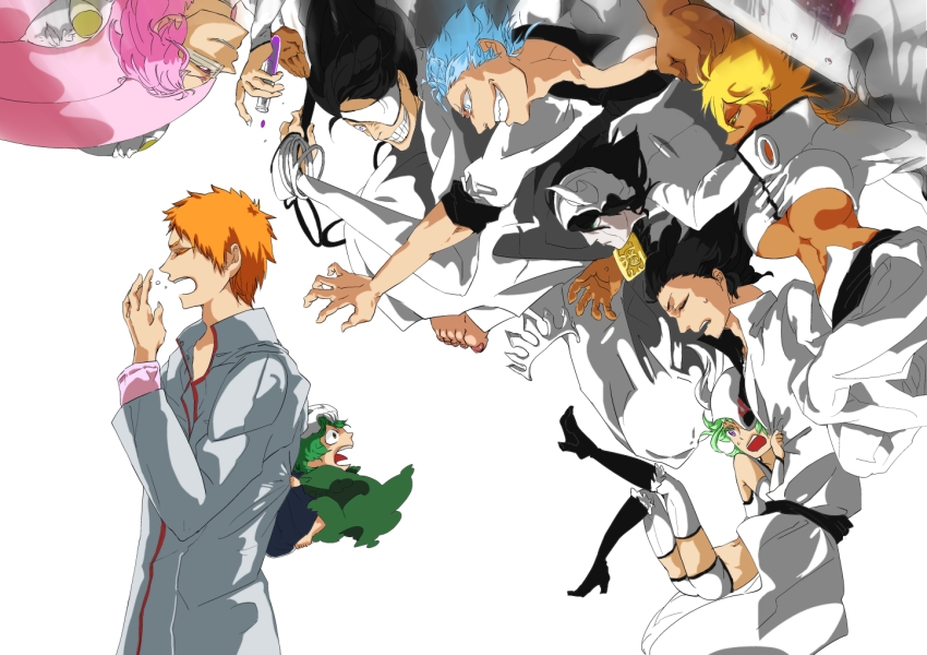 aaroniero_arruruerie, arrancar, baraggan_louisenbairn, black_hair, bleach, blonde_hair, blue_hair, child, coyote_starrk, dark_skin, everyone, facial_hair, green_hair, grimmjow_jaegerjaquez, kurosaki_ichigo, lilynette_gingerbuck, long_hair, nelliel_tu_odelschwanck, nnoitra_gilga, orange_hair, pink_hair, resurreccion, scar, short_hair, szayelaporro_granz, tier_harribel, ulquiorra_cifer, wictor, zommari_rureaux