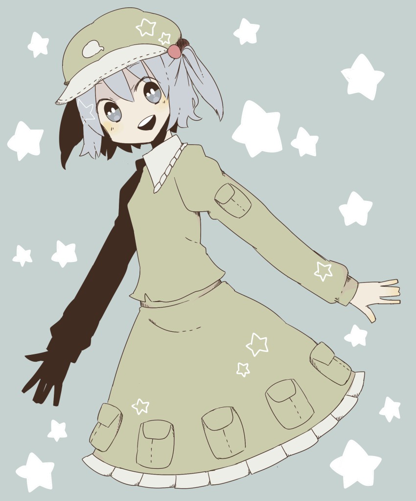 1girl, :d, bad_id, bad_pixiv_id, blue_background, blue_eyes, blue_hair, dress