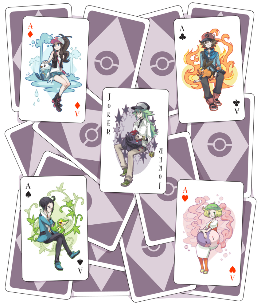 10s, 2girls, 3boys, ace_(playing_card), ace_of_clubs, ace_of_diamonds, ace_of_hearts, ace_of_spades, ahoge, bag, baseball_cap, beret, bianca_(pokemon), boots, card, card_(medium), cheren_(pokemon), club_(shape), denim, denim_shorts, diamond_(shape), gen_5_pokemon, glasses, hat, heart, highres, hilbert_(pokemon), hilda_(pokemon), jacket, joker_(playing_card), looking_away, multiple_boys, multiple_girls, munna, n_(pokemon), nintendo, okabe, orange_legwear, oshawott, pantyhose, playing_card, playing_card_(medium), pokemon, pokemon_(creature), pokemon_black_and_white, shorts, shoulder_bag, sitting, smile, snivy, spade_(shape), starter_pokemon_trio, tepig, themed_playing_card, vest, zorua