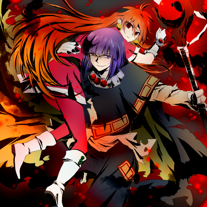 1boy, 1girl, boots, carrying, fukurou_(hukirou), gloves, grin, headband