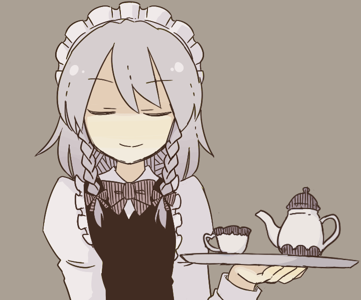 1girl, bad_id, bad_pixiv_id, braid, closed_eyes, cup, female_focus, grey_background