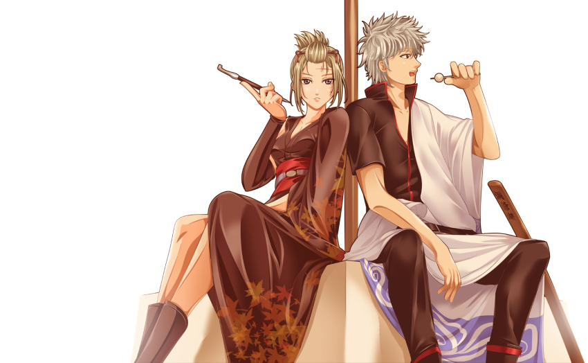 1boy, 1girl, blonde_hair, couple, dango, earrings, flat_color, folded_ponytail, food, gintama, hetero, highres, japanese_clothes, jewelry, kiseru, smoking_pipe, purple_eyes, sakata_gintoki, scar, sumi_(joker), tsukuyo, tsukuyo_(gintama), wagashi, white_hair