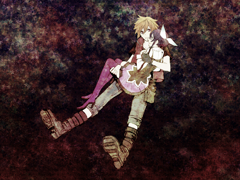 10s, amata_sora, aquarion_(series), aquarion_evol, bad_id, bad_pixiv_id, boots, brown_eyes, carrying, hair_bun, mikono_suzushiro, nobotan38, orange_hair, princess_carry, purple_hair, single_hair_bun, skirt, thigh_boots, thighhighs