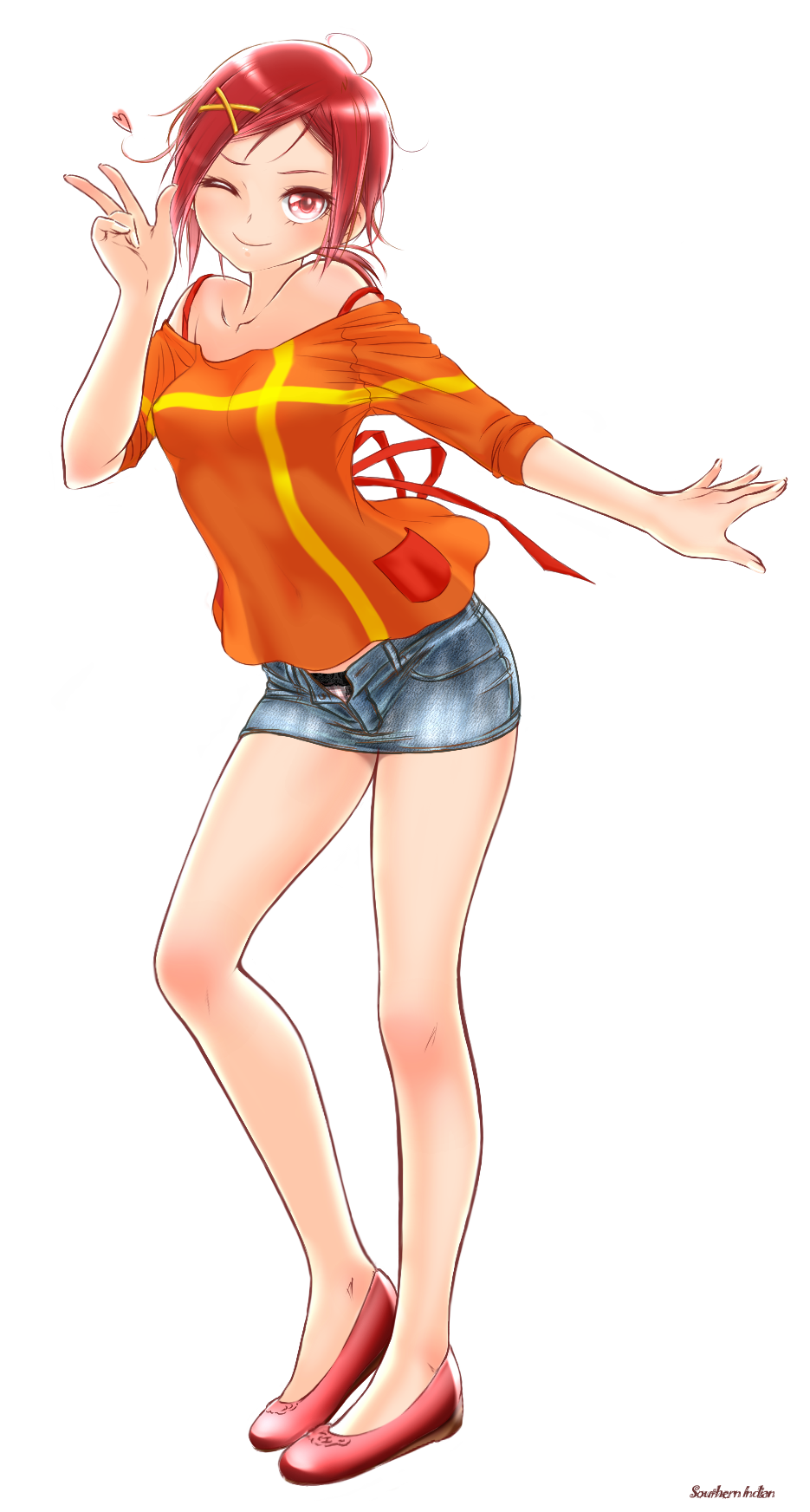 10s, 1girl, bad_id, bad_pixiv_id, blush, denim, denim_skirt, eyelashes, female_focus, hair_ornament, hairclip, highres, hino_akane_(precure), indoshiki, legs, microskirt, miniskirt, off_shoulder, one_eye_closed, open_fly, orange_shirt, ponytail, precure, red_eyes, red_hair, shirt, short_hair, skirt, sleeves_pushed_up, smile, smile_precure!, solo, strap_slip, unbuttoned, unzipped, v, white_background