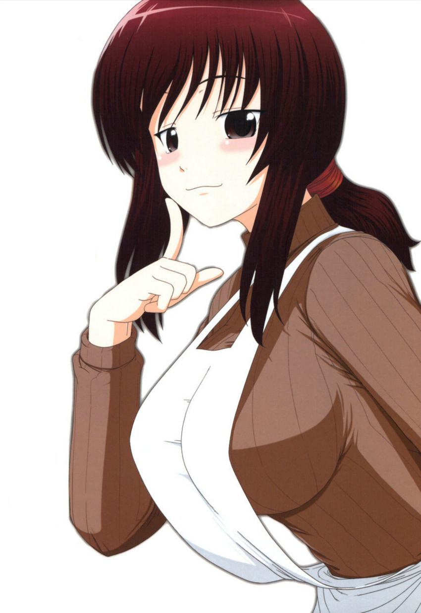 1girl, :3, absurdres, apron, brown_eyes, brown_hair, cover, cover_page, female_focus, finger_to_own_chin, highres, housewife, mature_female, nishino_eiichi, solo, subaru_ryouko_(yome_heim), sweater, white_background, yome_heim