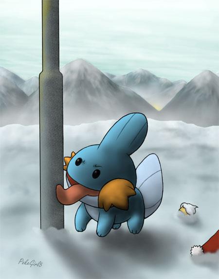 a_christmas_story, gen_3_pokemon, licking, mudkip, nintendo, no_humans, parody, pokemon, pokemon_(creature), pole, snow, tongue, tongue_stuck_frozen