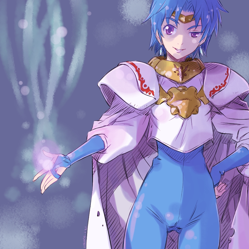 1girl, armor, blue_background, blue_hair, bodysuit, cameltoe, cape, circlet, female_focus, fingerless_gloves, gloves, hand_on_own_hip, hip_focus, isedaichi_ken, kyra_tierney, magic, phantasy_star, phantasy_star_iv, purple_eyes, raised_eyebrow, short_hair, shoulder_pads, smile, solo