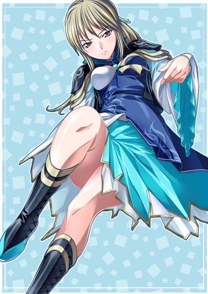 >:(, 1girl, armor, black_boots, blonde_hair, blue_background, blue_skirt, blush