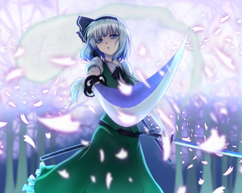 1girl, blue_eyes, daburu, female_focus, foreshortening, hairband, konpaku_youmu, konpaku_youmu_(ghost)