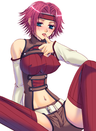00s, 1girl, arm_support, asano_akira, bare_shoulders, breasts, code_geass, covered_erect_nipples, fairypink, female_focus, hand_up, kouzuki_kallen, licking, licking_finger, licking_own_finger, lowres, midriff, navel, red_hair, simple_background, sitting, sleeveless, sleeveless_turtleneck, solo, thighhighs, tongue, turtleneck, white_background