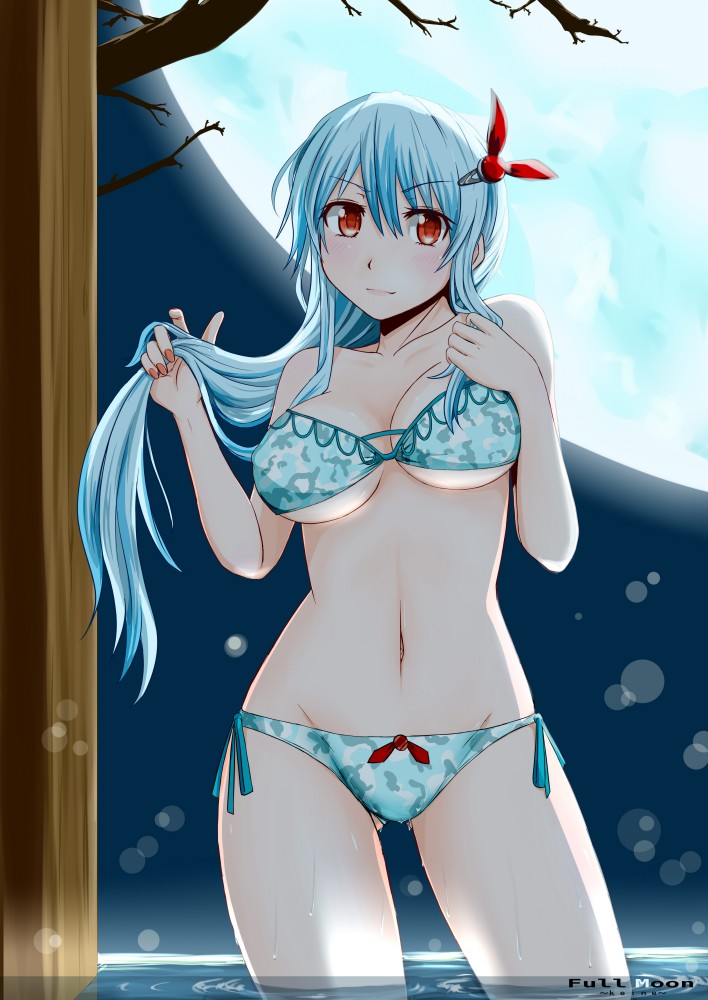 1girl, aqua_hair, bare_shoulders, bikini, blue_hair, blush, breasts, camouflage, cleavage, covered_erect_nipples, female_focus, full_moon, groin, hair_ornament, holding, holding_own_hair, jouzaburou_(joe3), kamishirasawa_keine, large_breasts, long_hair, moon, multicolored_hair, nail_polish, navel, night, red_eyes, side-tie_bikini_bottom, solo, swimsuit, touhou, two-tone_hair, wading, water, wet