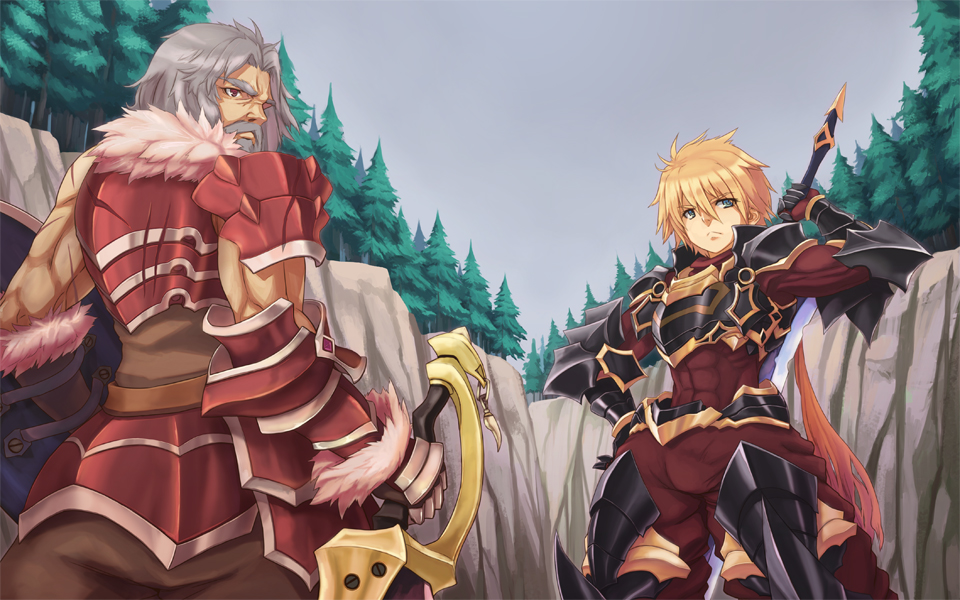 29_(artist), 2boys, armor, blonde_hair, day, facial_hair, fantasy, fur_trim
