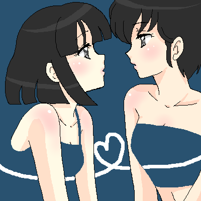 2girls, banbukin, black_eyes, black_hair, blue_theme, breasts, cleavage, fujinami_ryuunosuke, heart, heart_of_string, imminent_kiss, lips, lowres, miyake_shinobu, multiple_girls, panpukin, profile, sarashi, short_hair, small_breasts, urusei_yatsura, yuri