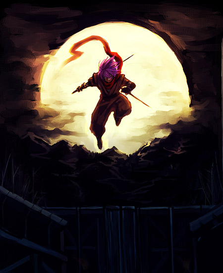 1boy, backlighting, full_moon, gauntlets, holding, holding_sword, holding_weapon, kara_(color), live_a_live, male_focus, moon, night, ninja, oboro-maru_(live_a_live), outdoors, scarf, solo, spiked_hair, sword, weapon