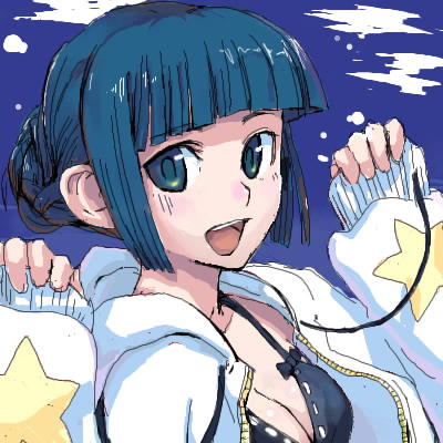 1girl, :d, black_hair, blunt_bangs, blush, breasts, cleavage, female_focus