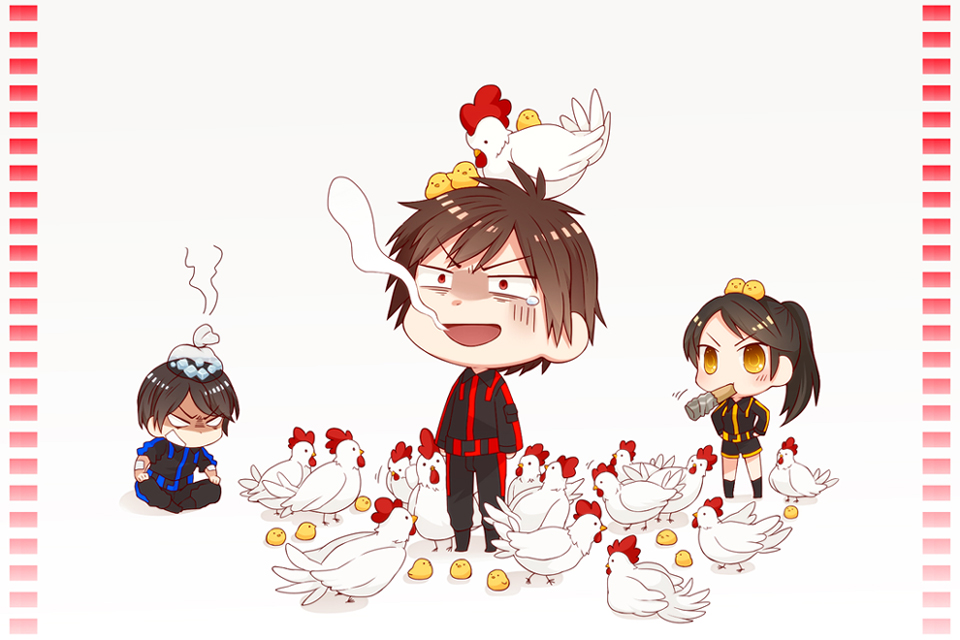 1girl, 2boys, animification, baby_animal, bird, chibi, chick, chicken