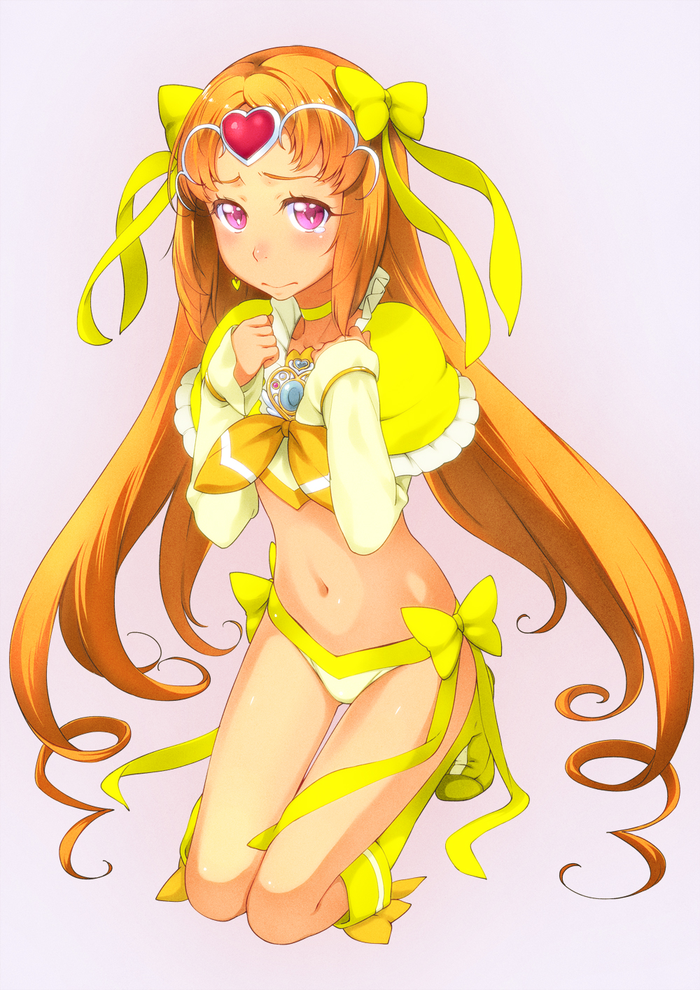 10s, 1girl, adapted_costume, bikini, bikini_bottom_only, blush, boots, bow, brooch, choker, circlet, cure_muse, cure_muse_(yellow), embarrassed, eyelashes, female_focus, full_body, hair_bow, hair_ornament, hair_ribbon, hands_on_own_chest, heart, highres, jewelry, knee_boots, kneeling, long_hair, looking_at_viewer, navel, ookubo_rumi, orange_hair, pink_background, pink_eyes, precure, ribbon, sakura_kotetsu, shirabe_ako, simple_background, solo, suite_precure, swimsuit, tears, thigh_gap, voice_actor_connection, white_background, yellow_bikini, yellow_bow, yellow_legwear, yellow_ribbon