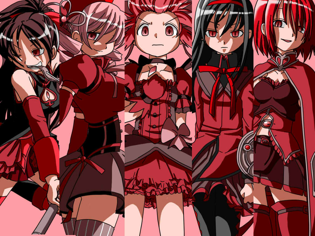 10s, 5girls, akemi_homura, akemi_homura_(magical_girl), alternate_color, beret, black_hair, column_lineup
