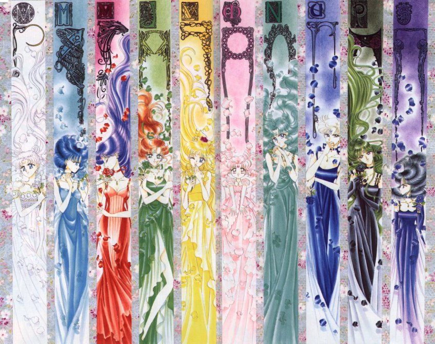 1990s_(style), 6+girls, aino_minako, bare_shoulders, bishoujo_senshi_sailor_moon, bishoujo_senshi_sailor_moon_s, black_dress, black_flower, black_hair, black_rose, blonde_hair, blue_dress, blue_eyes, blue_flower, blue_hair, blue_rose, brown_hair, chibi_usa, choker, column_lineup, commentary, cone_hair_bun, crescent, crescent_facial_mark, double_bun, dress, everyone, closed_eyes, facial_mark, flower, forehead_mark, formal_clothes, green_dress, green_flower, green_hair, green_rose, hair_bun, hair_ornament, hair_ribbon, hino_rei, jewelry, kaiou_michiru, kino_makoto, lineup, long_hair, mars_symbol, meiou_setsuna, mercury_symbol, mizuno_ami, multiple_girls, necklace, off_shoulder, official_art, one_eye_closed, petals, pink_dress, pink_eyes, pink_flower, pink_hair, pink_rose, ponytail, princess, princess_jupiter, princess_mars, princess_mercury, princess_neptune, princess_pluto, princess_saturn, princess_serenity, princess_uranus, princess_venus, purple_dress, purple_eyes, purple_flower, purple_hair, purple_rose, red_dress, red_flower, red_rose, retro_artstyle, ribbon, ribbon_choker, rose, sailor_senshi, short_hair, short_twintails, small_lady_serenity, smile, takeuchi_naoko, ten'ou_haruka, tomoe_hotaru, tsukino_usagi, twintails, venus_symbol, very_long_hair, wavy_hair, white_dress, white_flower, white_hair, white_rose, wink, yellow_dress, yellow_flower, yellow_rose