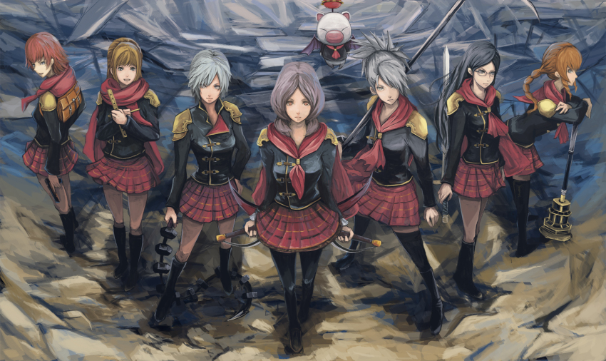 6+girls, bag, black_hair, black_socks, boots, braid, brown_hair, cater_(fft-0), cinque_(fft-0), deuce_(fft-0), dual_wielding, final_fantasy, final_fantasy_type-0, flute, glasses, grey_hair, gun, highres, holding, instrument, kneehighs, mace, moogle, multiple_girls, pantyhose, polearm, queen_(fft-0), red_hair, rem_tokimiya, ripu_(vincecarter), satchel, scarf, school_uniform, scythe, seven_(fft-0), sice_(fft-0), skirt, socks, spear, sword, thighhighs, weapon, whip, zettai_ryouiki
