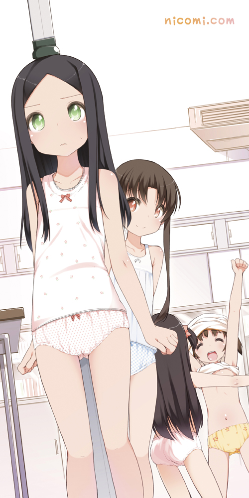 3:, 4girls, :d, arms_up, black_hair, blush, bow, bow_panties, brown_eyes, brown_hair, camisole, censored, classroom, closed_eyes, clothes_lift, convenient_censoring, copyright_name, desk, dutch_angle, embarrassed, examination, green_eyes, long_hair, long_image, physical_examination, multiple_girls, nicomi.com, open_mouth, original, panties, polka_dot, polka_dot_panties, school, shirt_lift, shouji_ayumu, smile, sweat, tall_image, twintails, underwear, watermark, web_address