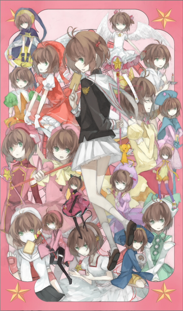 1990s_(style), 6+girls, blue_hat, brown_hair, cardcaptor_sakura, child, costume, dress