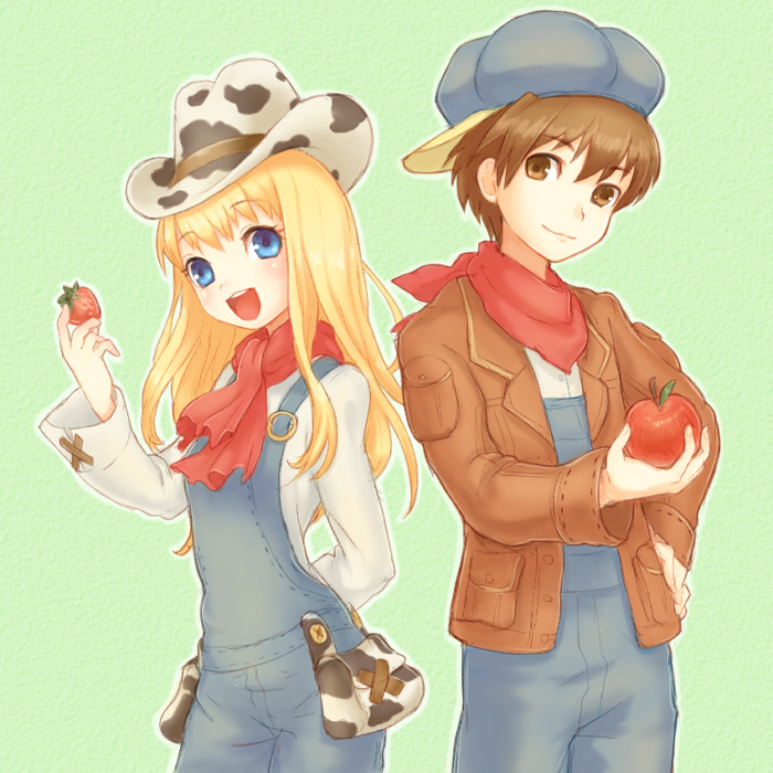 0kome0, 1boy, 1girl, animal_print, apple, bad_id, bad_pixiv_id, blonde_hair