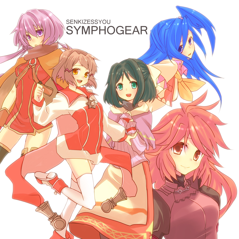 5girls, amou_kanade, blue_eyes, blue_hair, brown_hair, cape, cosplay, dress, elmina_niet, elmina_niet_(cosplay), female_focus, green_eyes, green_hair, in-franchise_crossover, kanon_(wild_arms_2), kanon_(wild_arms_2)_(cosplay), kazanari_tsubasa, kohinata_miku, lilka_eleniak, lilka_eleniak_(cosplay), marina_irington, marina_irington_(cosplay), multiple_girls, purple_eyes, purple_hair, rebecca_streisand, rebecca_streisand_(cosplay), rinka_rakura, scarf, senki_zesshou_symphogear, side_ponytail, simple_background, tachibana_hibiki_(symphogear), thighhighs, twintails, white_background, wild_arms, wild_arms_1, wild_arms_2, wild_arms_5, yukine_chris