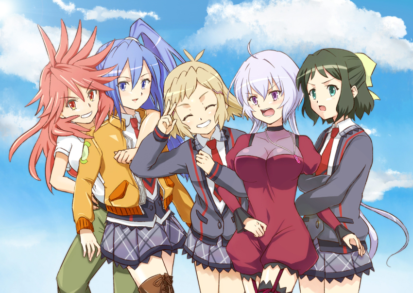 10s, 5girls, amou_kanade, blue_eyes, blue_hair, boots, bow, brown_hair, green_eyes, green_hair, hair_bow, kazanari_tsubasa, kohinata_miku, motinoki, multiple_girls, purple_eyes, purple_hair, school_uniform, senki_zesshou_symphogear, side_ponytail, tachibana_hibiki_(symphogear), thigh_boots, thighhighs, twintails, alternate_universe, yukine_chris