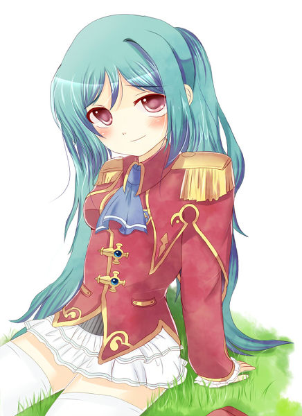 1girl, blue_hair, breasts, grass, luminous_arc, luminous_arc_3, lyla-shisho, purple_eyes