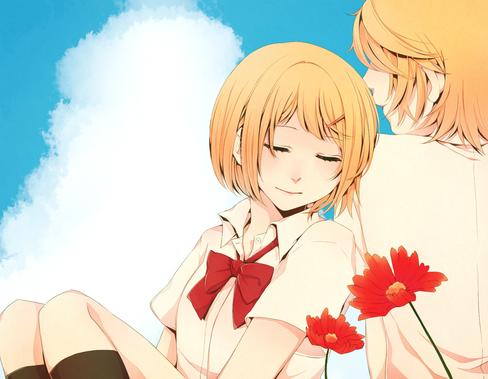 1boy, 1girl, bad_id, bad_pixiv_id, blonde_hair, blue_sky, brother_and_sister, closed_eyes