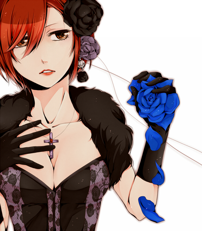 1girl, bad_id, bad_pixiv_id, blue_flower, blue_rose, breasts, cleavage, corset, cross, cross_necklace, earrings, feather_boa, female_focus, flower, gloves, hair_flower, hair_ornament, hiro_satochi, jewelry, large_breasts, lips, lipstick, makeup, meiko_(vocaloid), necklace, petals, red_eyes, red_hair, rose, short_hair, solo, vocaloid